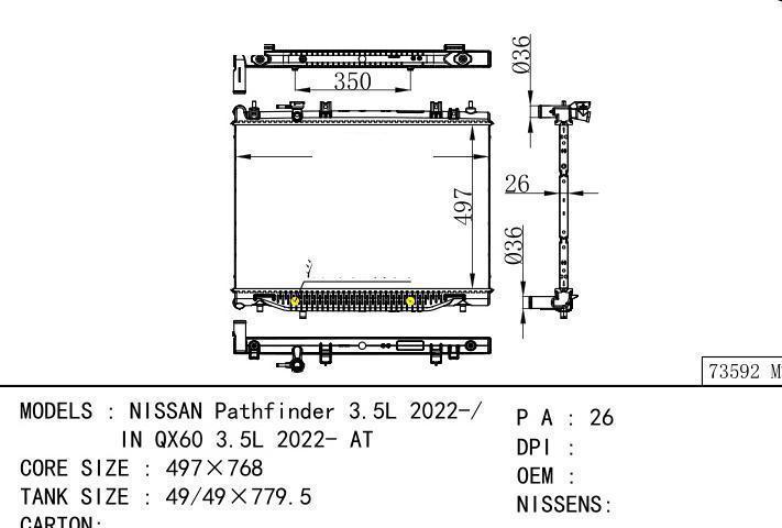  car radiator for  NISSAN Pathfinder 3.5L 2022-/ IN QX60 3.5L 2022- AT