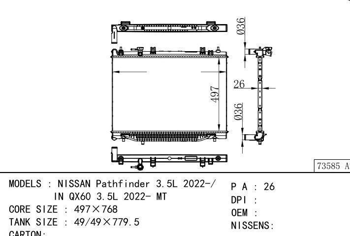  car radiator for  NISSAN Pathfinder 3.5L 2022-/ IN QX60 3.5L 2022- MT