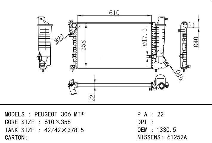 1330 car radiator for  PEUGEOT 306 MT