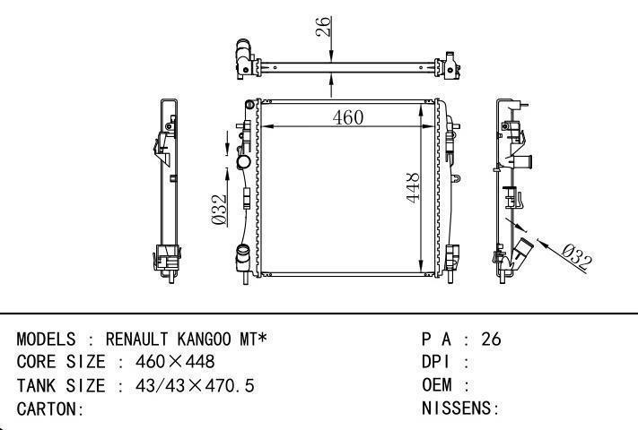 car radiator for  RENAULT KANGOO MT