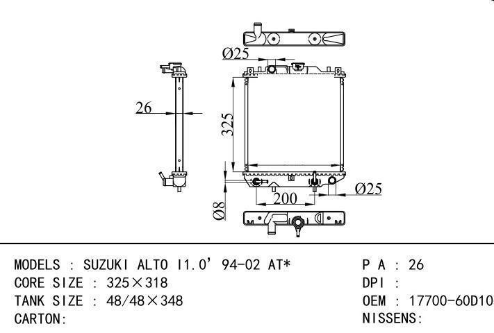 17700-60D10 car radiator for  SUZUKI ALTO I1.0’94-02 AT